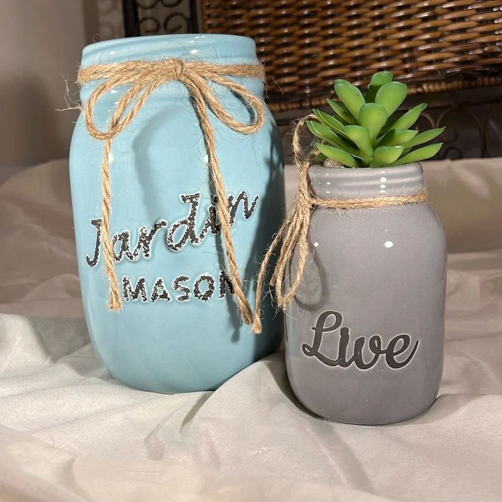 Decorative mason Jars Large Blue &‎ Small gray with faux succulent Glass